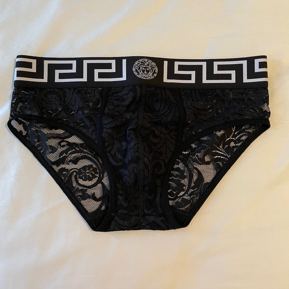 Versace Black Lace Briefs with White Waistband Trim